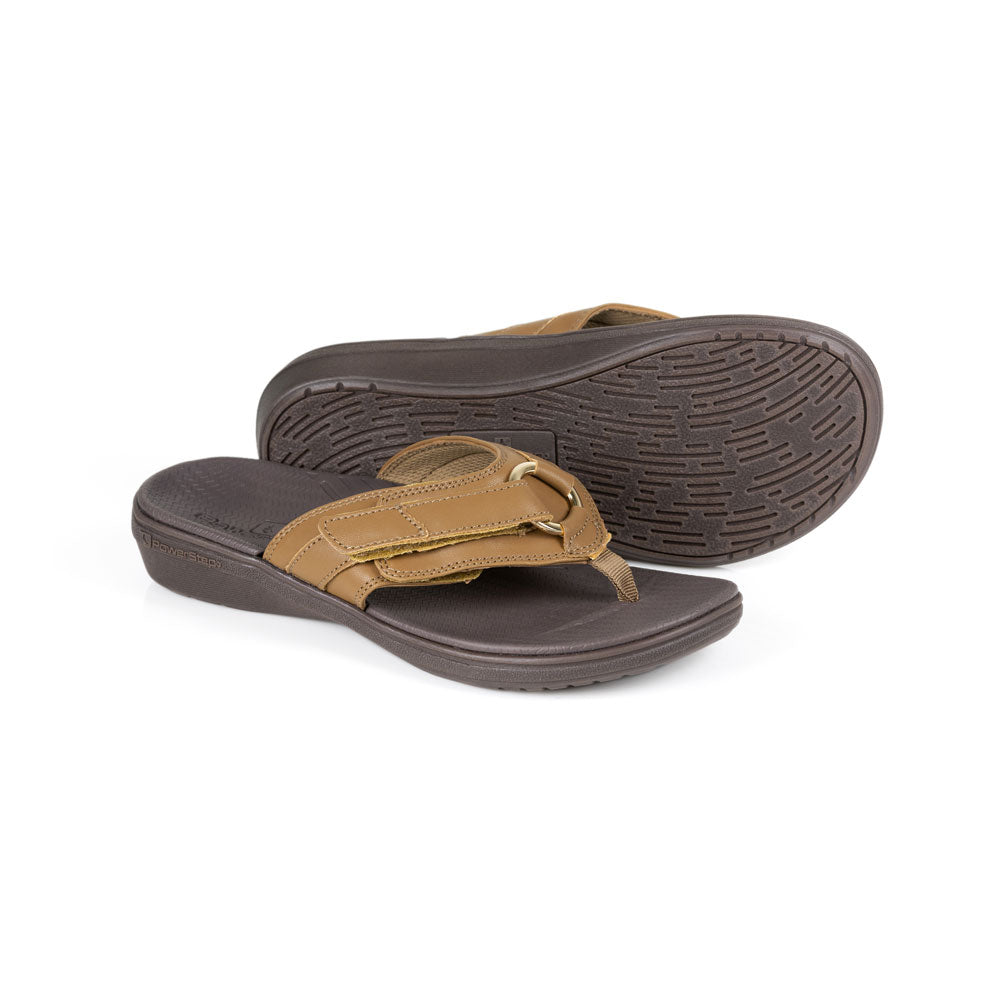 powerstep orthotic arch supporting fashion dress sandals for women, tan and brown fashion dress sandals, base of sandal with traction 