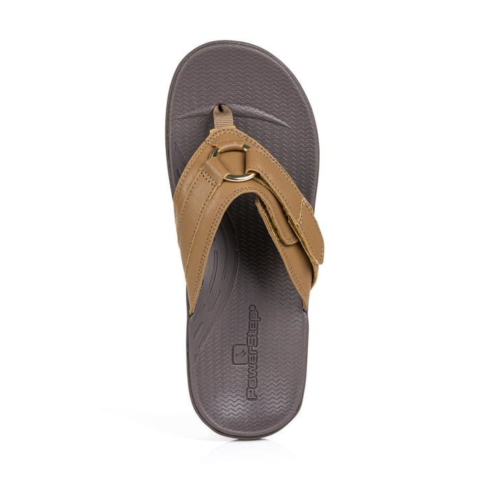 powerstep orthotic arch supporting fashion dress sandals for women, tan and brown fashion dress sandals, top view of sandal 