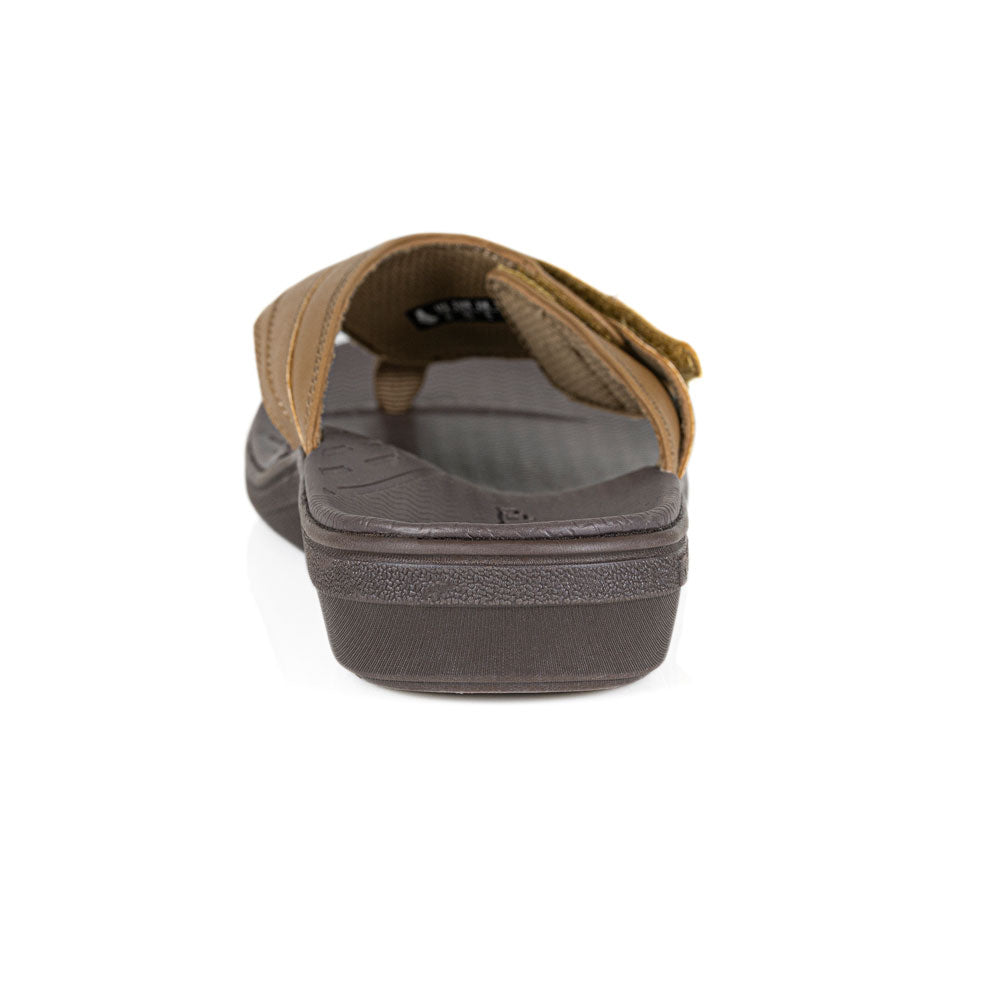 powerstep orthotic arch supporting fashion dress sandals for women, tan and brown fashion dress sandals, view of fashion dress sandals from heel showing arch support 