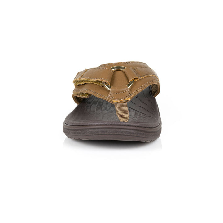 powerstep orthotic arch supporting fashion dress sandals for women, tan and brown fashion dress sandals, view of fashion dress sandals from toe 