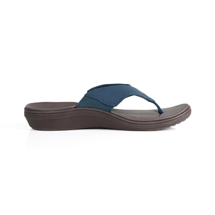 powerstep orthotic arch supporting sandals for women, navy and brown sandals, profile view of arch support 