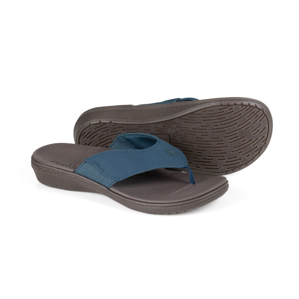powerstep orthotic arch supporting sandals for women, navy and brown sandals, base of sandal with traction 
