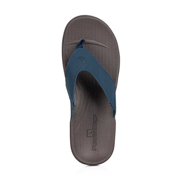 powerstep orthotic arch supporting sandals for women, navy and brown sandals, top view of sandal 
