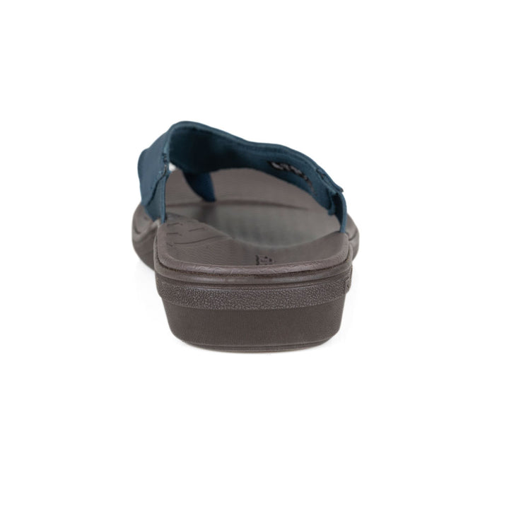 powerstep orthotic arch supporting sandals for women, navy and brown sandals, view of sandals from heel showing arch support 