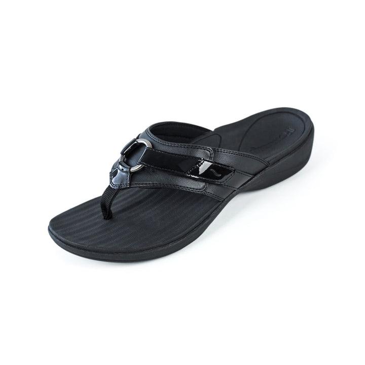 PowerStep Orthotic Arch Supporting fashion sandals for Women, fashion sandals that help with pronation, arch supporting footwear, black fashion sandals for women, soft lining and nylon webbing toe post, cushioned midsole absorbs shock