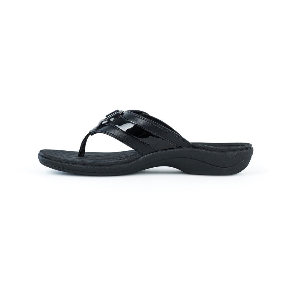 PowerStep Orthotic Arch Supporting fashion sandals for Women, profile view of orthotic sandal for women from inside showing arch, arch supporting fashion sandals, flip flops, black