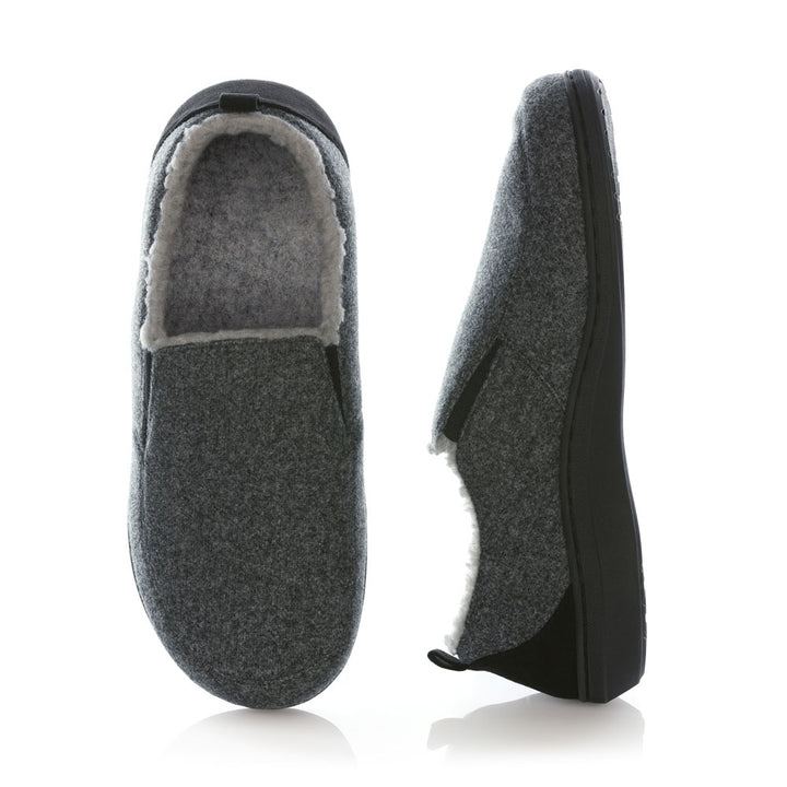 PowerStep Orthotic Arch Supporting slippers for Men, view of orthotic twin-gore slipper for men from top, arch supporting slippers, charcoal and light gray 