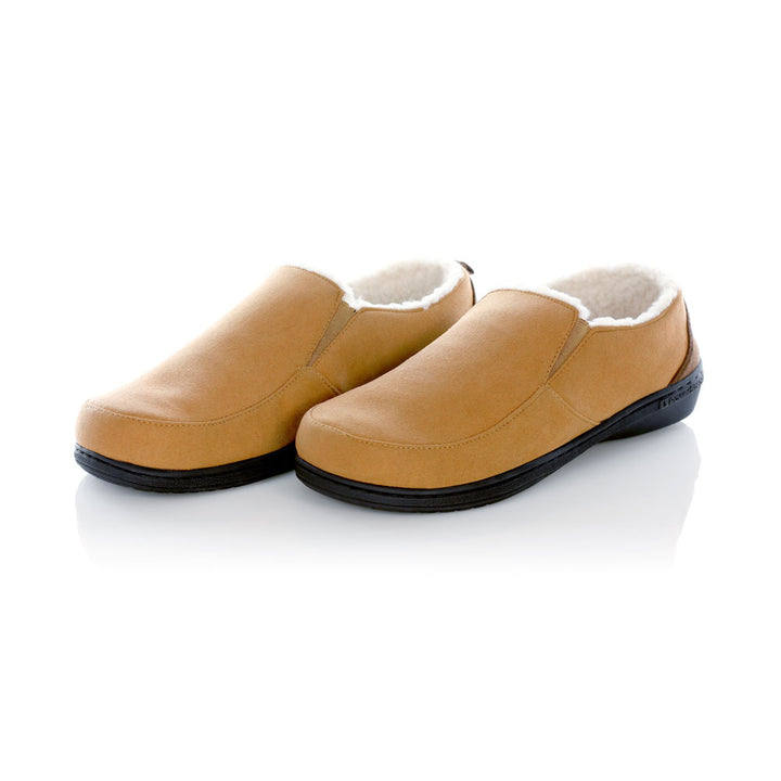 PowerStep Orthotic Arch Supporting twin-gore slippers for Men pair, brown and ivory slippers for men, Synthetic microfiber with elastic panels, faux shearling, EVA midsole, textured outsole, arch supporting slippers 
