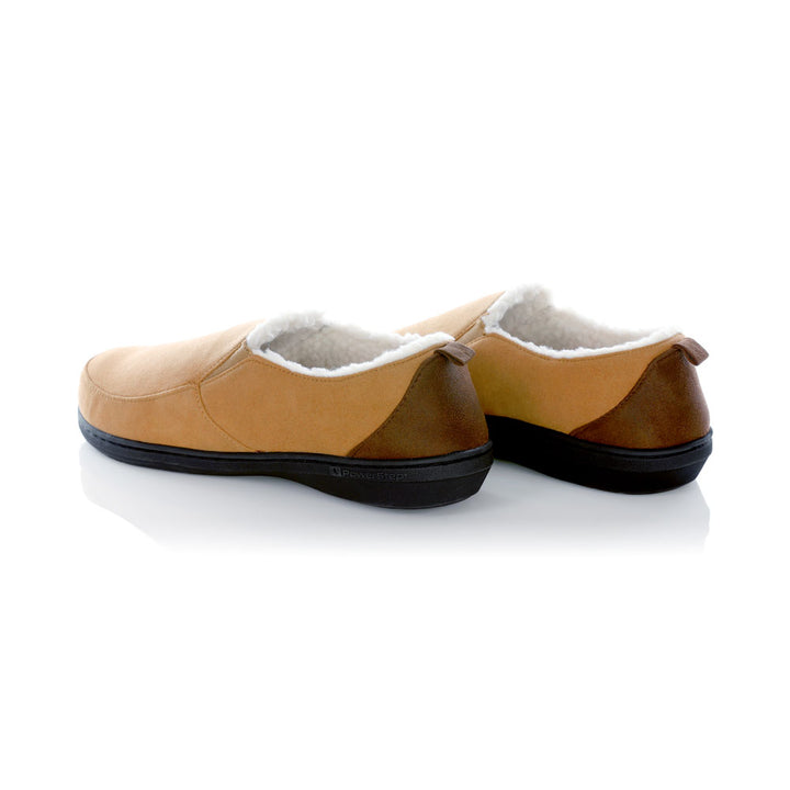 PowerStep Orthotic Arch Supporting twin-gore slippers for Men pair, brown and ivory slippers for men, Synthetic microfiber with elastic panels, faux shearling, EVA midsole, textured outsole, arch supporting slippers 