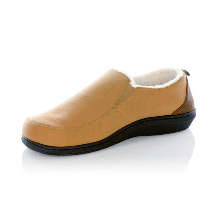 PowerStep Orthotic Arch Supporting twin-gore slippers for Men, slippers that help with pronation, arch supporting footwear, brown and ivory slippers for men, cushioned midsole absorbs shock, orthopedic shoes for men, men&