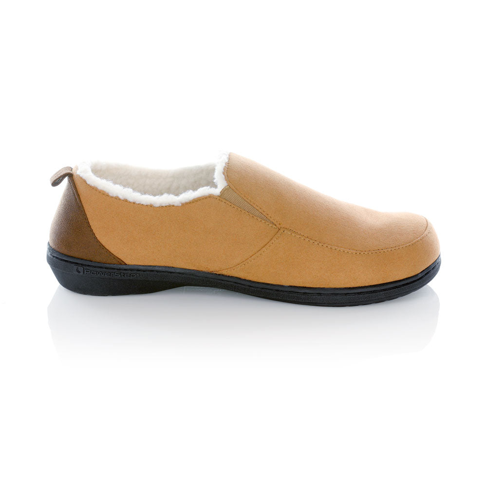 PowerStep Orthotic Arch Supporting twin-gore slippers for Men, profile view of orthotic slipper for men from inside showing arch, arch supporting slippers, brown and ivory 