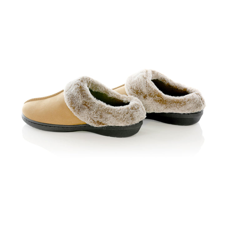 PowerStep Orthotic Arch Supporting clog slippers for Women pair, brown slippers for women, Synthetic microfiber upper, faux fur, medium density EVA midsole, textured rubber outsole and tread, view of orthotic slippers for women from heel to toe, arch supporting slippers 