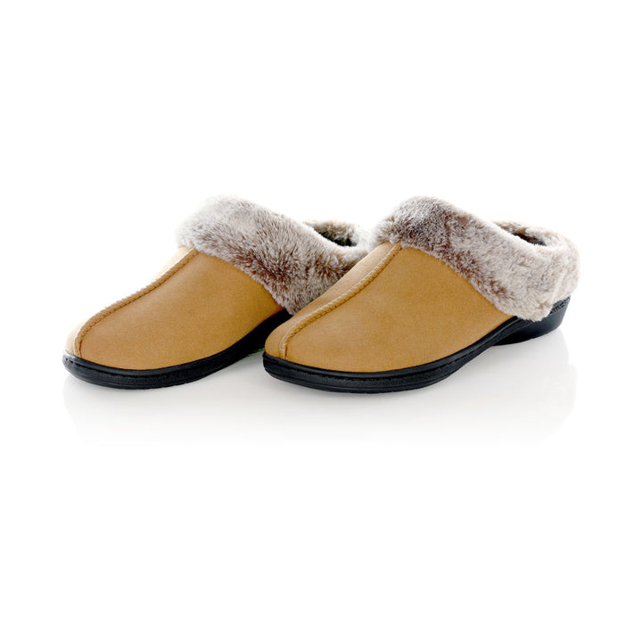 PowerStep Orthotic Arch Supporting clog slippers for Women pair, brown slippers for women, Synthetic microfiber upper, faux fur, medium density EVA midsole, textured rubber outsole and tread, view of orthotic slippers for women from heel to toe, arch supporting slippers 