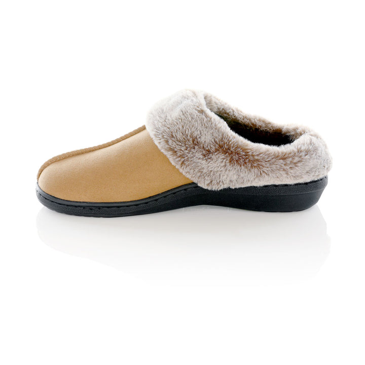 PowerStep Orthotic Arch Supporting clog slippers for Women, profile view of orthotic slippers for women from inside showing arch, arch supporting slippers, brown 