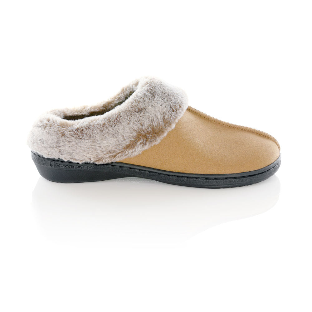 PowerStep Orthotic Arch Supporting clog slippers for Women, profile view of orthotic slippers for women from outside showing away from arch, arch supporting slippers, brown 