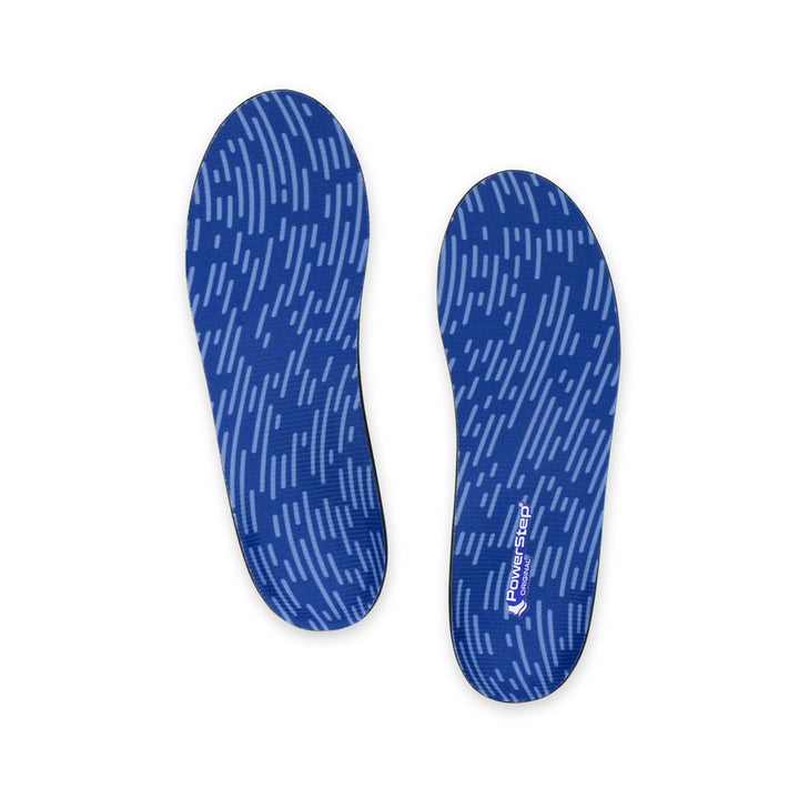 Top view of Original Shoe insoles with blue polyester top fabric, these shoes inserts help relieve and prevent pain from conditions caused by foot malalignment, relief from pronation, relief from plantar fasciitis pain, walking shoe insoles, men&