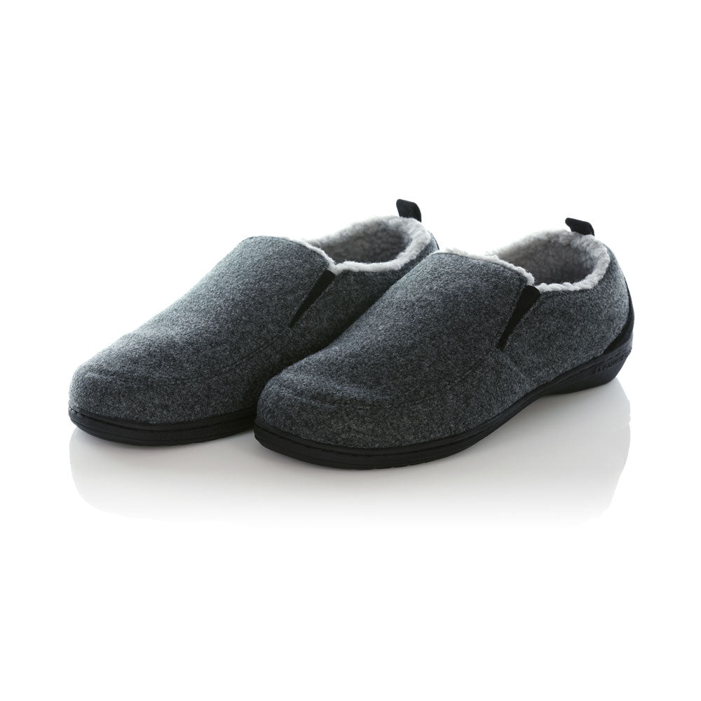 PowerStep Orthotic Arch Supporting twin-gore slippers for Men pair, charcoal and light gray slippers for men, Synthetic microfiber with elastic panels, faux shearling, EVA midsole, textured outsole, arch supporting slippers 