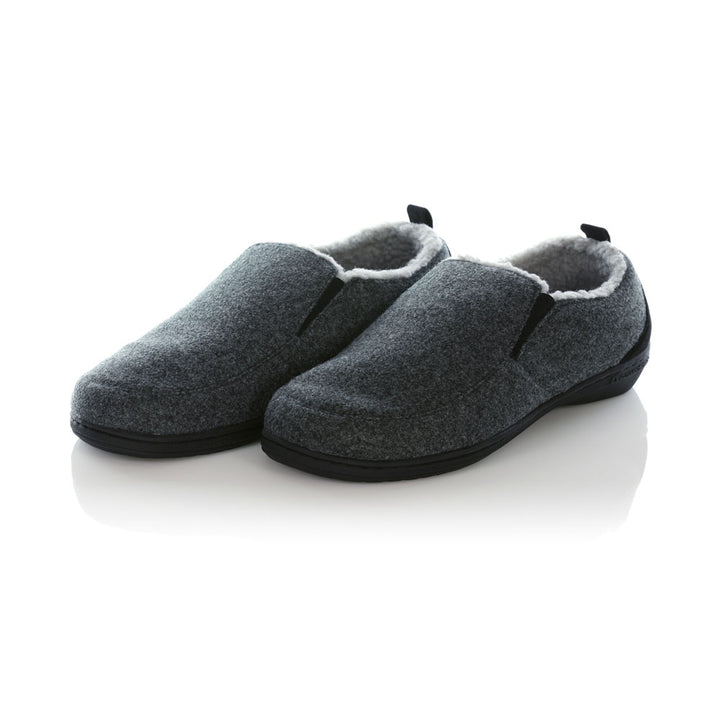 PowerStep Orthotic Arch Supporting twin-gore slippers for Men pair, charcoal and light gray slippers for men, Synthetic microfiber with elastic panels, faux shearling, EVA midsole, textured outsole, arch supporting slippers 