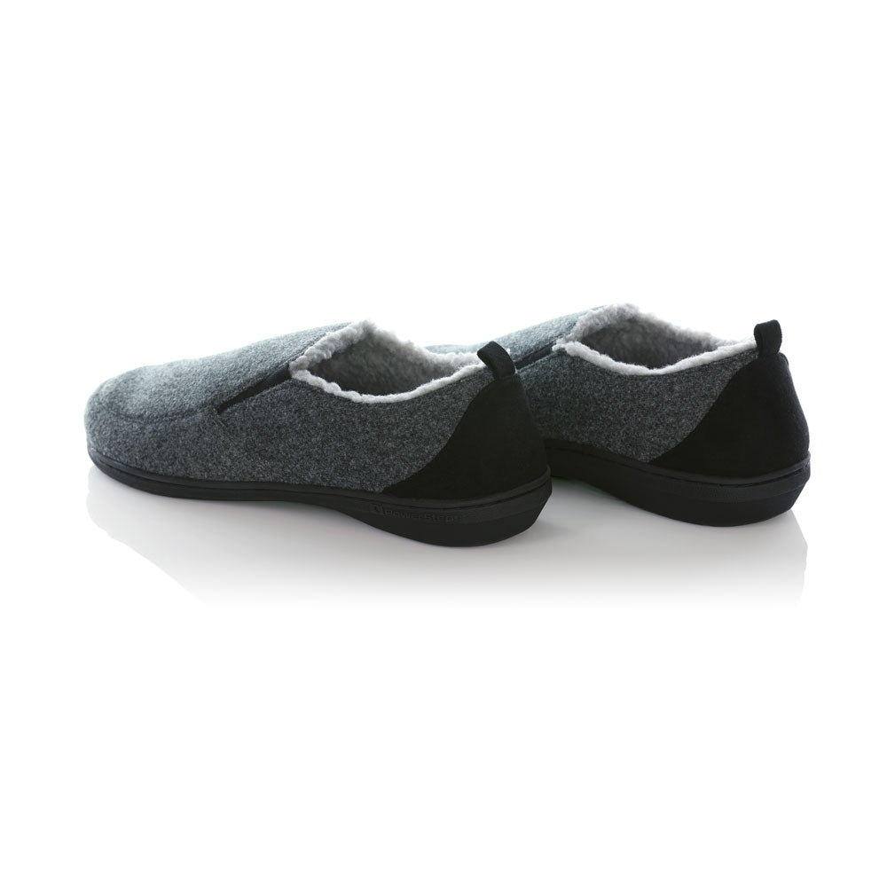PowerStep Orthotic Arch Supporting twin-gore slippers for Men pair, charcoal and light gray slippers for men, Synthetic microfiber with elastic panels, faux shearling, EVA midsole, textured outsole, arch supporting slippers #color_charcoal