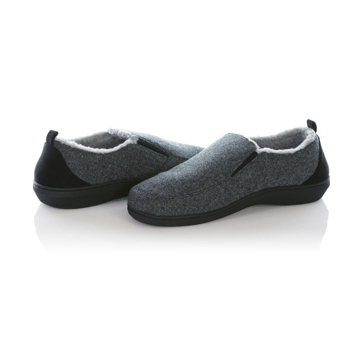PowerStep Orthotic Arch Supporting twin-gore slippers for Men pair, charcoal and light gray slippers for men, Synthetic microfiber with elastic panels, faux shearling, EVA midsole, textured outsole, arch supporting slippers 