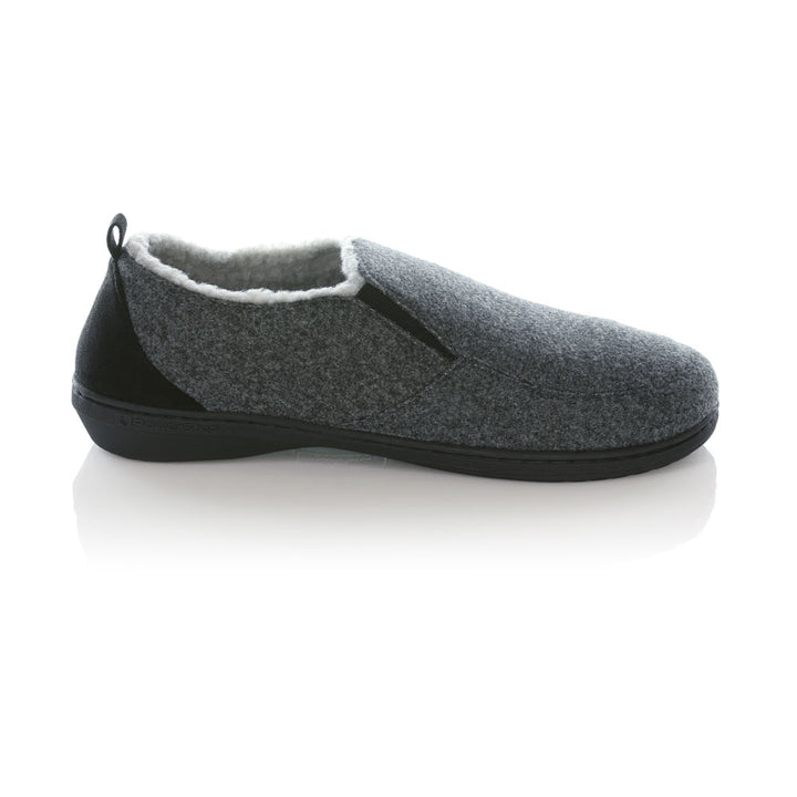 PowerStep Orthotic Arch Supporting twin-gore slippers for Men, profile view of orthotic slipper for men from inside showing arch, arch supporting slippers, charcoal and light gray 
