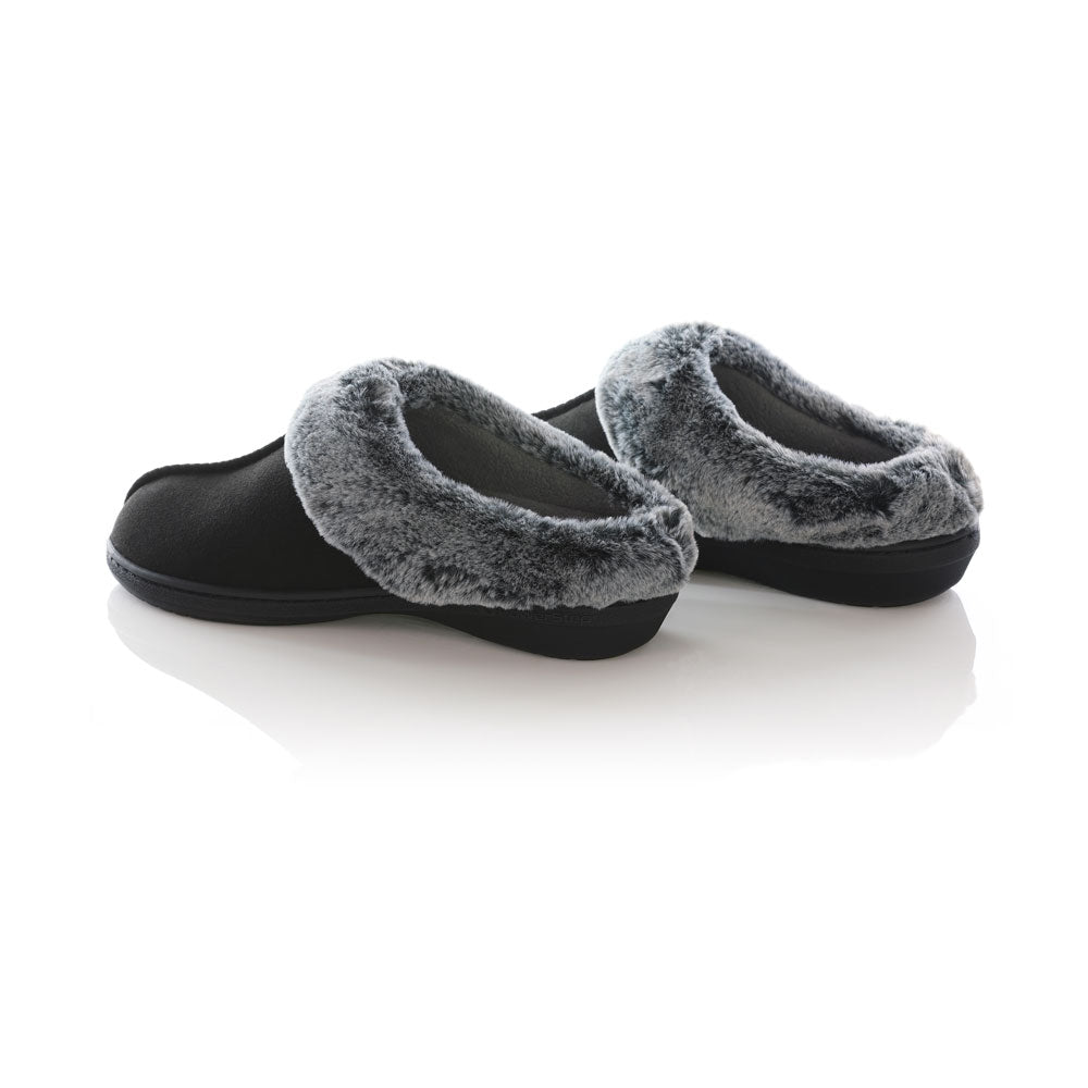 PowerStep Orthotic Arch Supporting clog slippers for Women pair, black slippers for women, Synthetic microfiber upper, faux fur, medium density EVA midsole, textured rubber outsole and tread, view of orthotic slippers for women from heel to toe, arch supporting slippers 