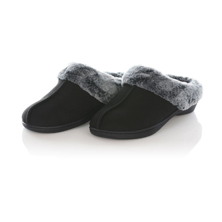 PowerStep Orthotic Arch Supporting clog slippers for Women pair, black slippers for women, Synthetic microfiber upper, faux fur, medium density EVA midsole, textured rubber outsole and tread, view of orthotic slippers for women from heel to toe, arch supporting slippers 