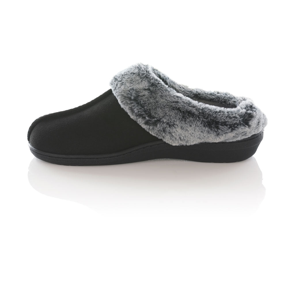PowerStep Orthotic Arch Supporting clog slippers for Women, profile view of orthotic slippers for women from inside showing arch, arch supporting slippers, black #color_black