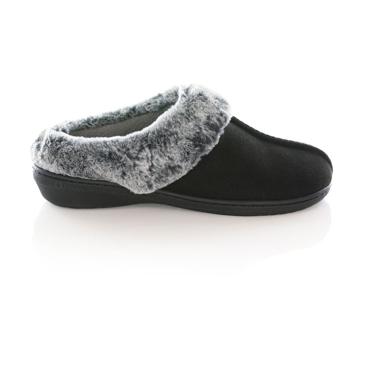 PowerStep Orthotic Arch Supporting clog slippers for Women, profile view of orthotic slippers for women from outside showing away from arch, arch supporting slippers, black 