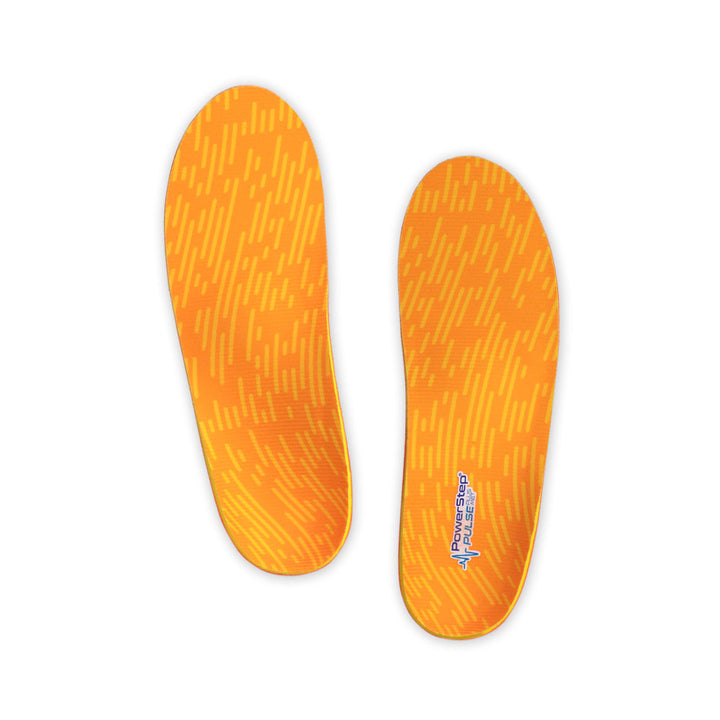 Top view of PULSE Plus Met Neutral Arch Support Shoe insoles with orange and yellow polyester top fabric, men&
