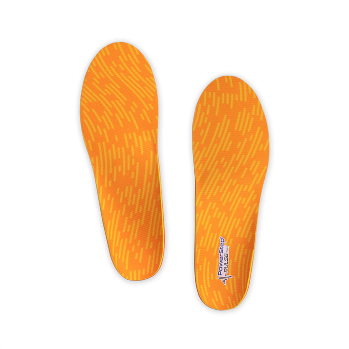Top view of PULSE Thin Neutral Arch Support Running Shoe insoles with orange and yellow top fabric, plantar fasciitis orthotics, running shoe insoles for tight fitting shoes, relief from pronation, relief from plantar fasciitis pain, relief from mild overpronation, men&