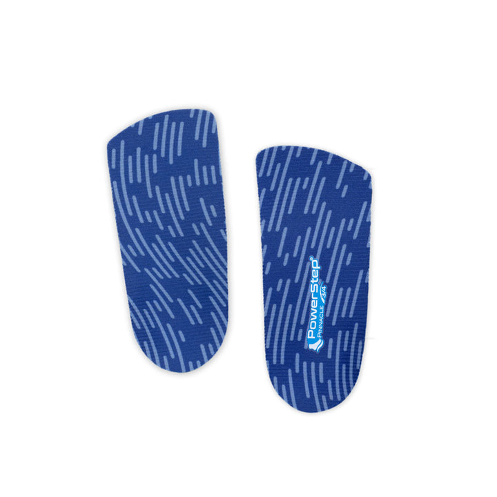 Top view of Pinnacle 3/4 Neutral Arch Support Shoe insoles with blue polyester top fabric, walking shoe insoles for tight fitting shoes, relief from plantar fasciitis pain, relief from mild overpronation, men&