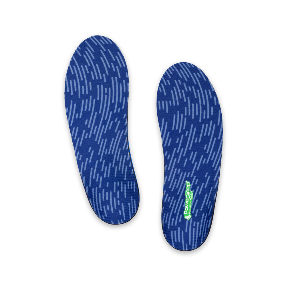 Top view of Pinnacle High Arch Support Shoe insoles with blue polyester top fabric, walking shoe insoles, men&