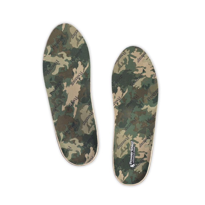 Top view of Pinnacle Hiker Neutral Arch Support Shoe insoles with green camouflage polyester top fabric, trail running shoe insoles, men&