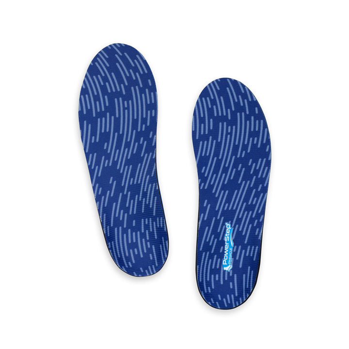 Top view of Pinnacle Neutral Arch Support Shoe insoles with blue polyester top fabric, walking shoe insoles, men&