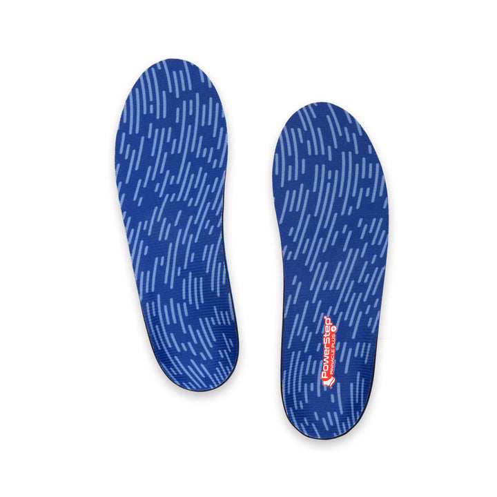 Top view of Pinnacle Plus Met Neutral Arch Support Shoe insoles with blue polyester top fabric, men&