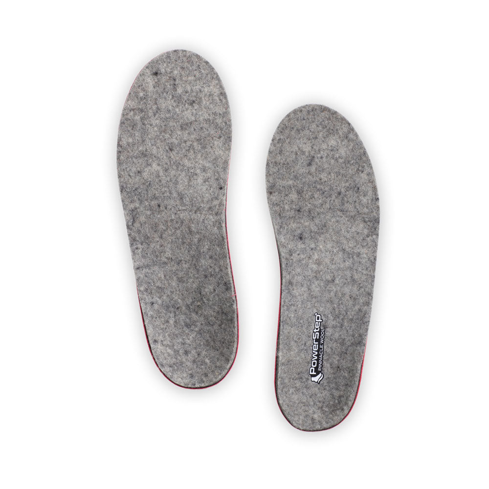 Top view of Pinnacle Wool Neutral Arch Support Shoe insoles with gray wool felt top fabric, trail running shoe insoles, men&