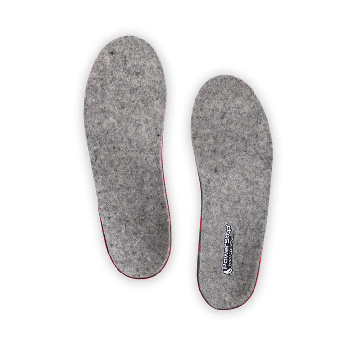 Top view of Pinnacle Wool Neutral Arch Support Shoe insoles with gray wool felt top fabric, trail running shoe insoles, men&