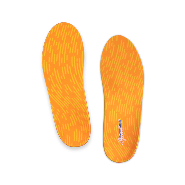 Top view of PULSE Performance Neutral Arch Support Shoe insoles with orange and yellow polyester top fabric, shoe insoles for runners, men&