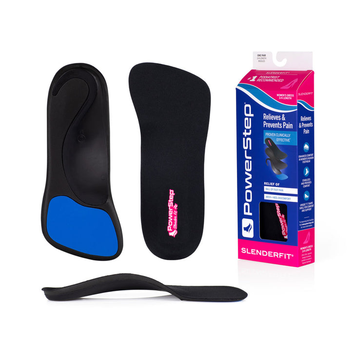 Bottom view of shoe inserts for SlenderFit 3/4 Arch Support Orthotic Dress Shoe Insoles with black exposed shell and non slip pad to keep shoe insole in place while alleviating ball of foot pain, top view of orthotic shoe insoles with black top fabric, image of SlenderFit Arch Support Dress Insoles packaging, profile view of SlenderFit Arch Support 3/4 Orthotic Insoles with semi-rigid arch support for pronation, designed for tighter dress shoes, ultra-thin orthotic shoe inserts 