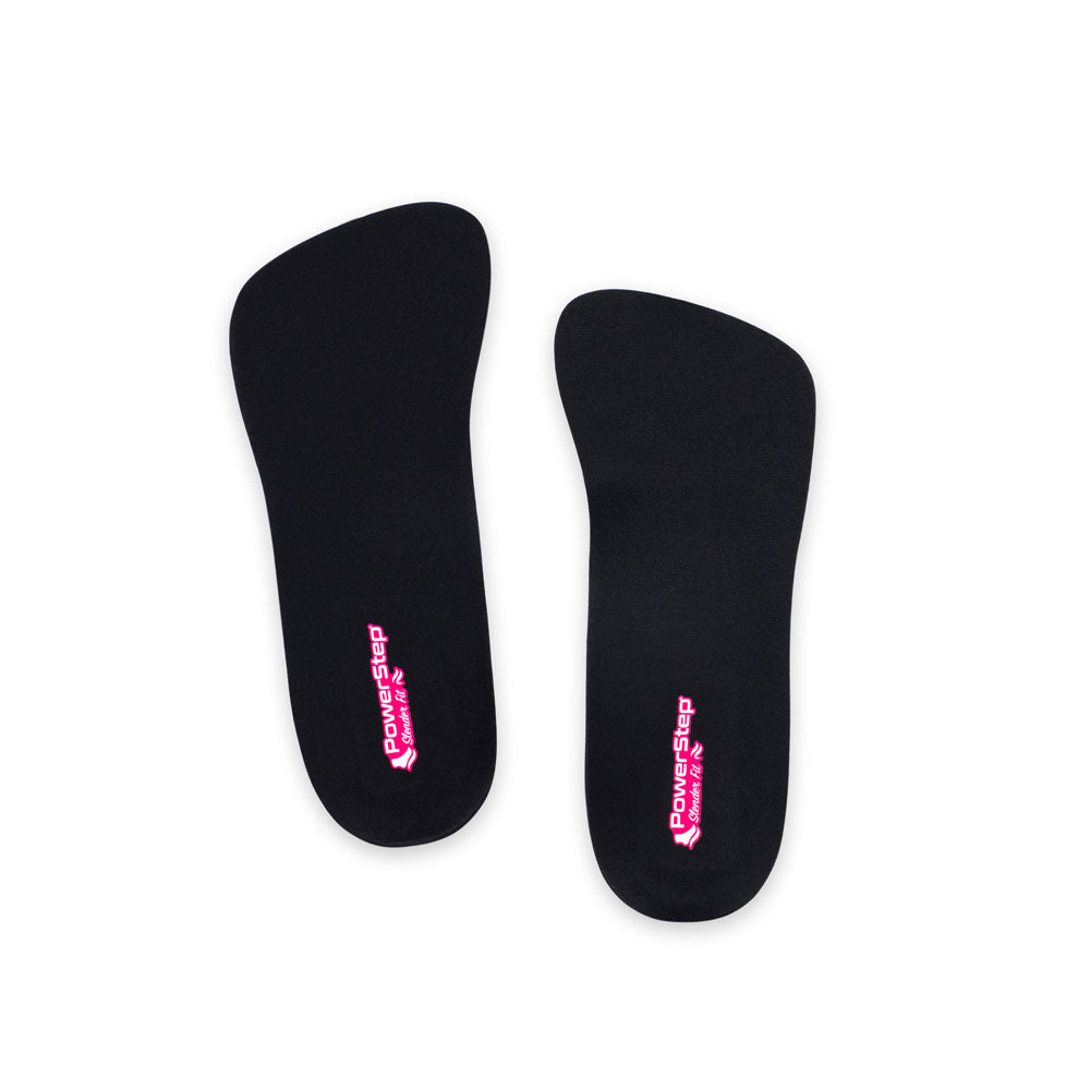 Top view of SlenderFit Arch Support Shoe insoles for heels with black top fabric, plantar fasciitis orthotics for heels, dress shoe insoles for tight fitting shoes, relief from pronation, relief from plantar fasciitis pain, relief from mild overpronation, women&