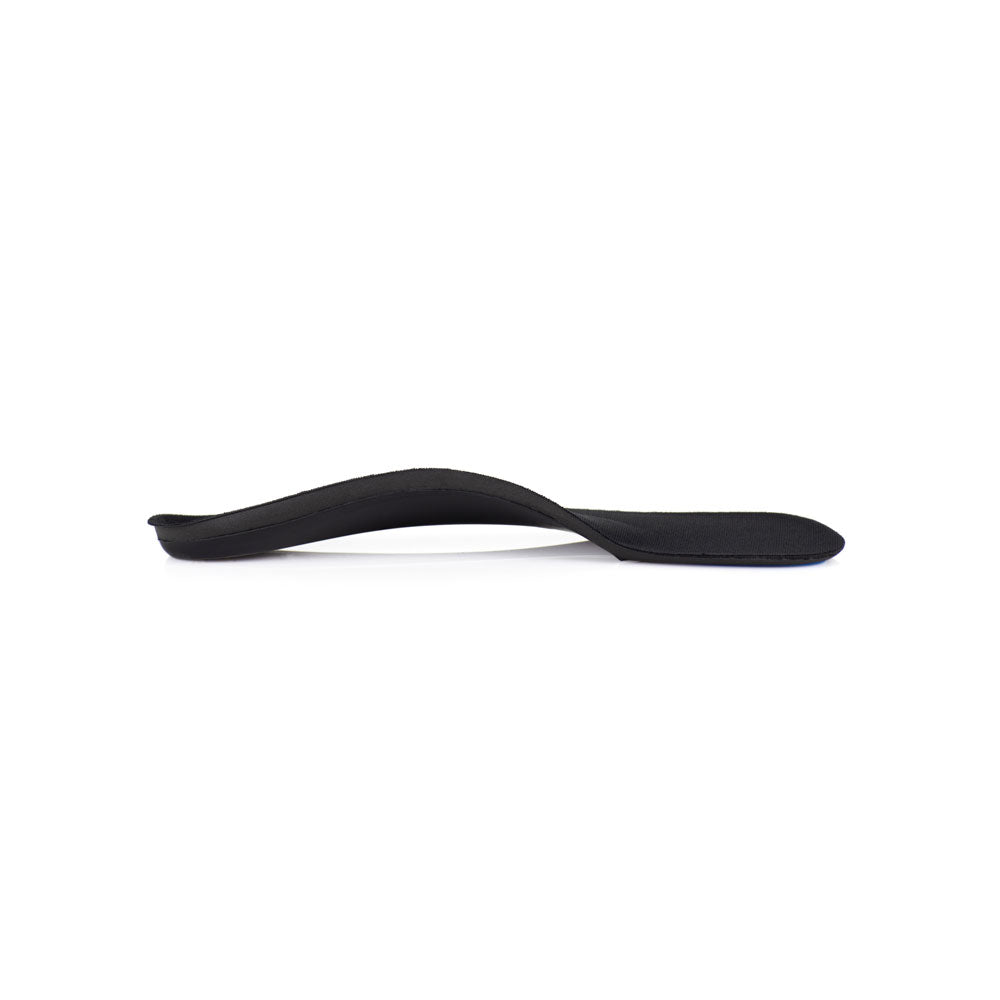 Profile view of SlenderFit arch supporting shoe insoles for pronation, shoe insert with arch support for plantar fasciitis with polyester top cover that reduces heat and perspiration, designed for tighter fitting shoes for women wearing high heel, low profile shoe inserts to help relieve pain from plantar fasciitis, orthotic shoe insoles with standard arch support in 3/4 length design, ultra-thin orthotic shoe inserts that help prevent haglund’s deformity and bunions from wearing high heels 