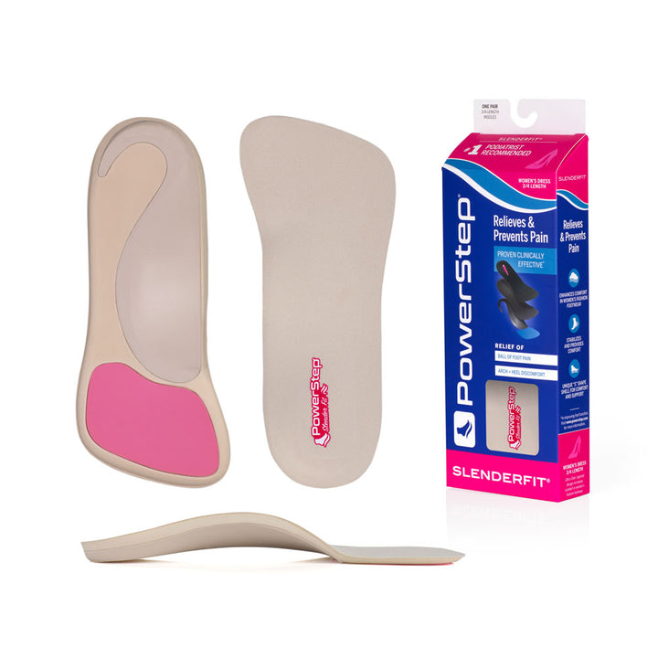 Bottom view of shoe inserts for SlenderFit 3/4 Arch Support Orthotic Dress Shoe Insoles with khaki exposed shell and non slip pad to keep shoe insole in place while alleviating ball of foot pain, top view of orthotic shoe insoles with khaki top fabric, image of SlenderFit Arch Support Dress Insoles packaging, profile view of SlenderFit Arch Support 3/4 Orthotic Insoles with semi-rigid arch support for pronation, designed for tighter dress shoes, ultra-thin orthotic shoe inserts 