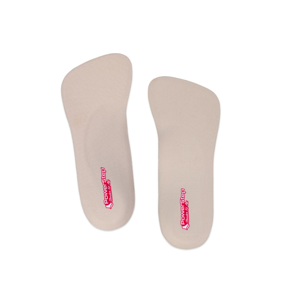 Top view of SlenderFit Arch Support Shoe insoles for heels with khaki top fabric, plantar fasciitis orthotics for heels, dress shoe insoles for tight fitting shoes, relief from pronation, relief from plantar fasciitis pain, relief from mild overpronation, women&