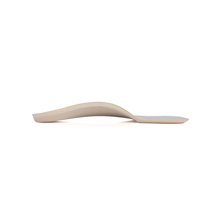 Profile view of SlenderFit arch supporting shoe insoles for pronation, shoe insert with arch support for plantar fasciitis with polyester top cover that reduces heat and perspiration, designed for tighter fitting shoes for women wearing high heel, low profile shoe inserts to help relieve pain from plantar fasciitis, orthotic shoe insoles with standard arch support in 3/4 length design, ultra-thin orthotic shoe inserts that help prevent haglund’s deformity and bunions from wearing high heels 